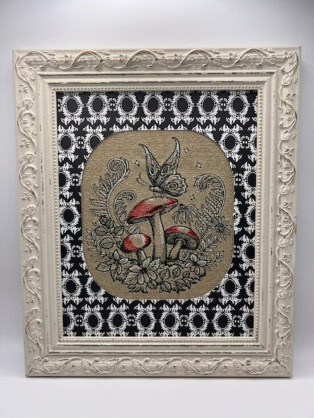 Homemade Butterfly On Mushroom Framed 8X10 Embroidery Art - Picture 1 of 6